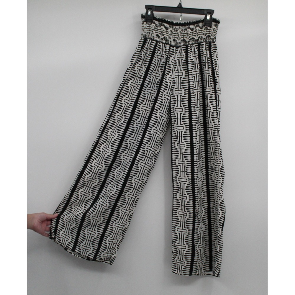 Classic Concepts Womens PL Petite Black White Geometric Smocked Wide Leg Pants